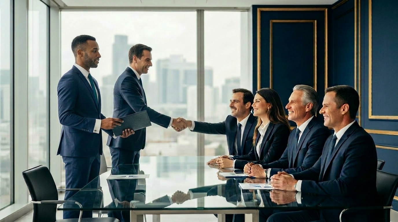 Sales representative closing a deal with a client company team